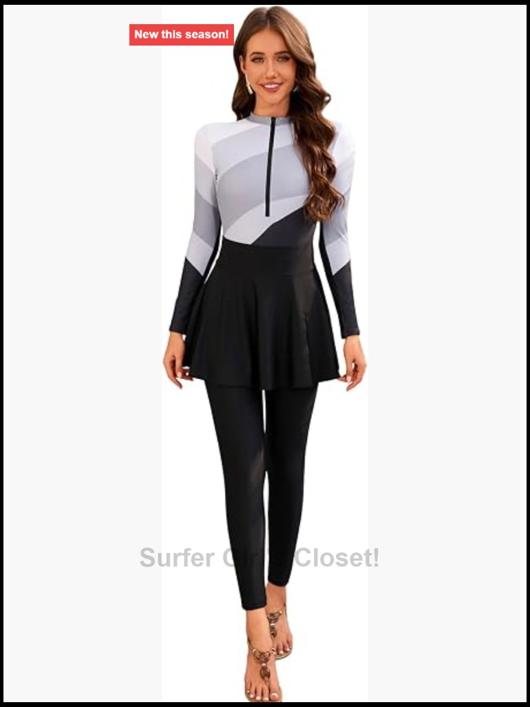 Long Sleeve Rash Guard Swimsuit One Piece With Skirt Pants Modest Burkini